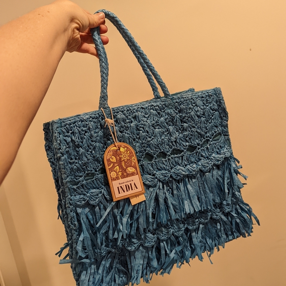 Handcrafted Blue Raffia Fringe Tote Bag - India - Picture 2 of 10